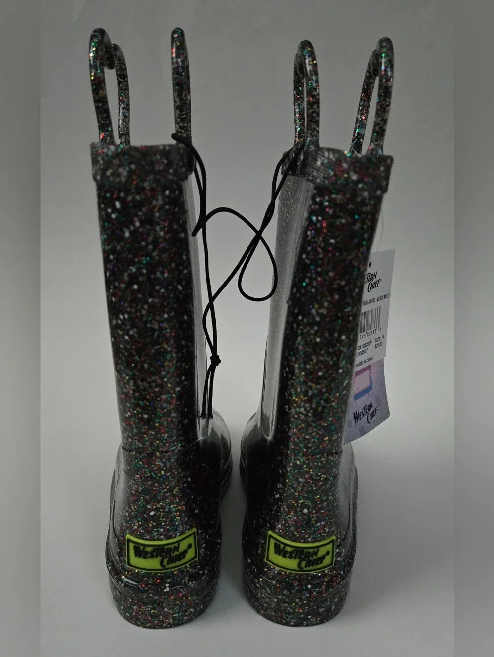 NEW Western Chief Kids Abby Black Glitter Rain Boots Light-Up Waterproof Size 11